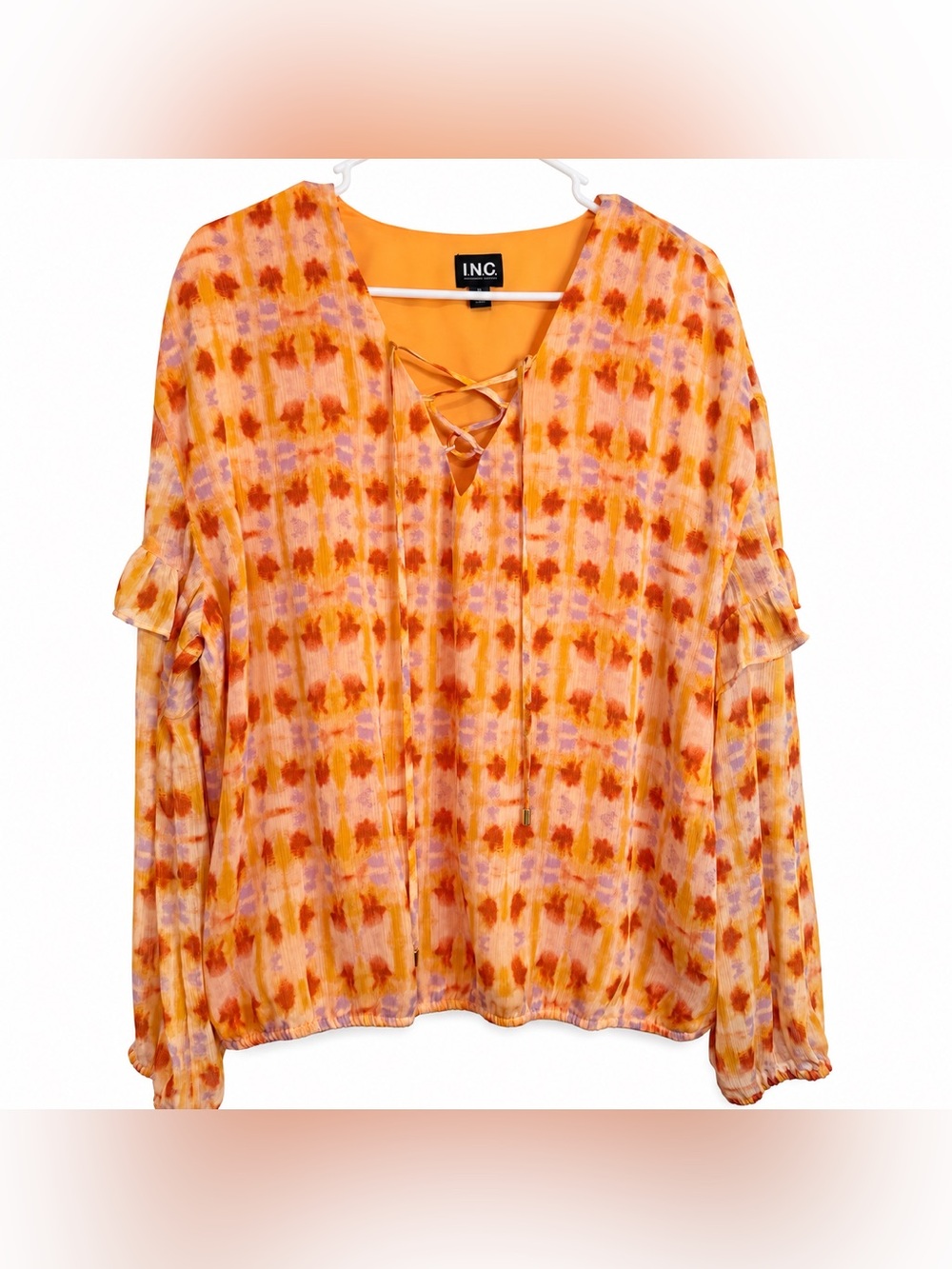 PtP 24” INC XL Orange Purple Lace Up Blouse Ruffle Sleeve Boho Top